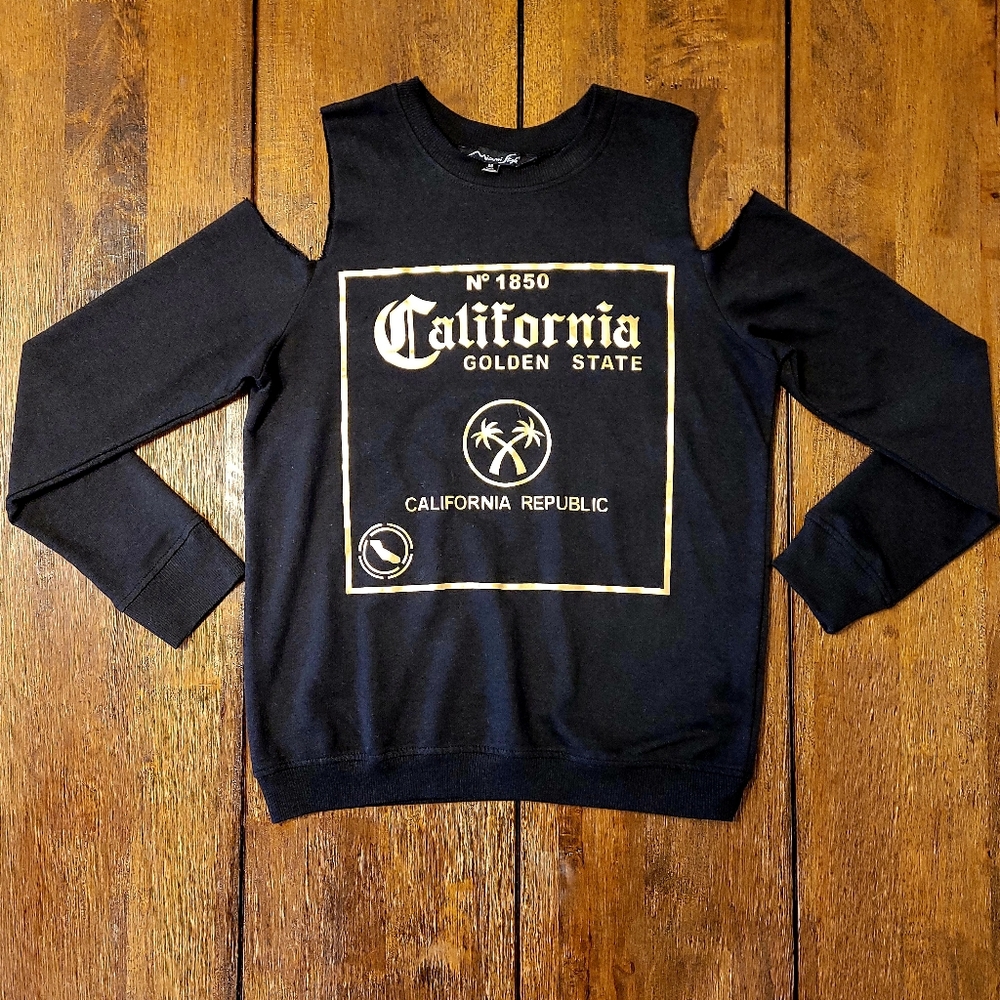 Womens Sweater Cold Shoulder Black Gold Logo  California Medium